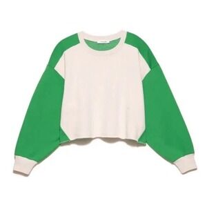 Frame Women XS Crewneck Pullover Fleece Cropped Sweatshirt Green Beige Oversized